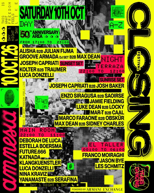 Cartel con el line-up del Closing de Amnesia por salas y horarios